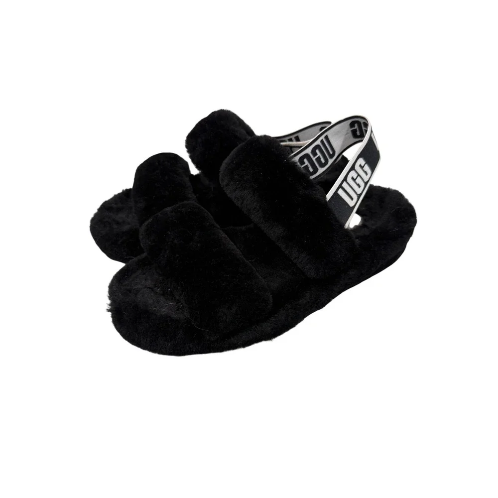 UGG Oh Fluffita Black Sheepskin Platform Slingback Slides Sandals Women 8